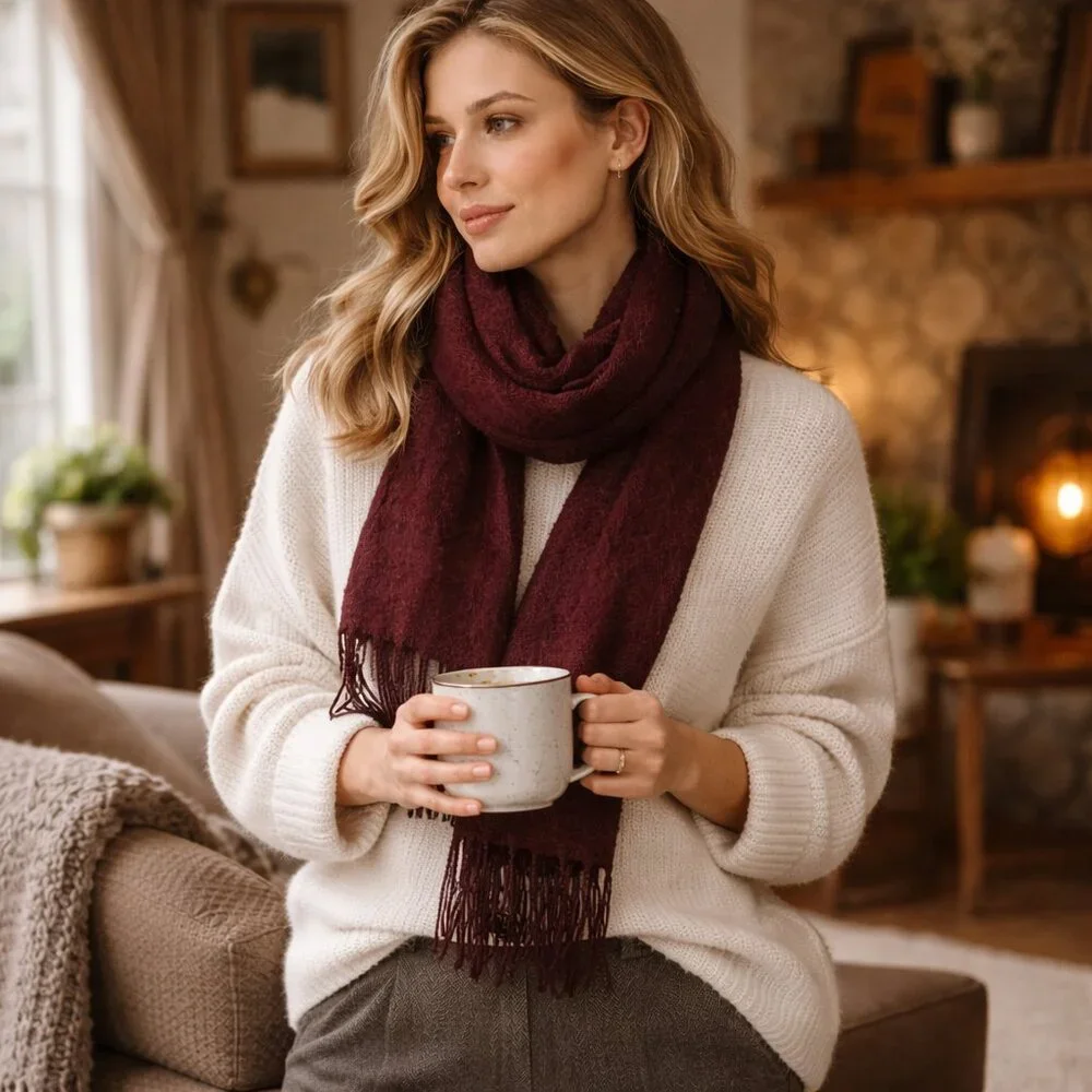 ❤️ Burgundy Knit Fringe Scarf | Cozy Long Winter Wrap | Soft Cold Weather